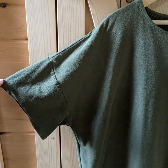 Eileen Fisher Olive Green Viscose Boxy Short Sleeve Dress Large Lagenlook Pocket - Picture 2 of 11